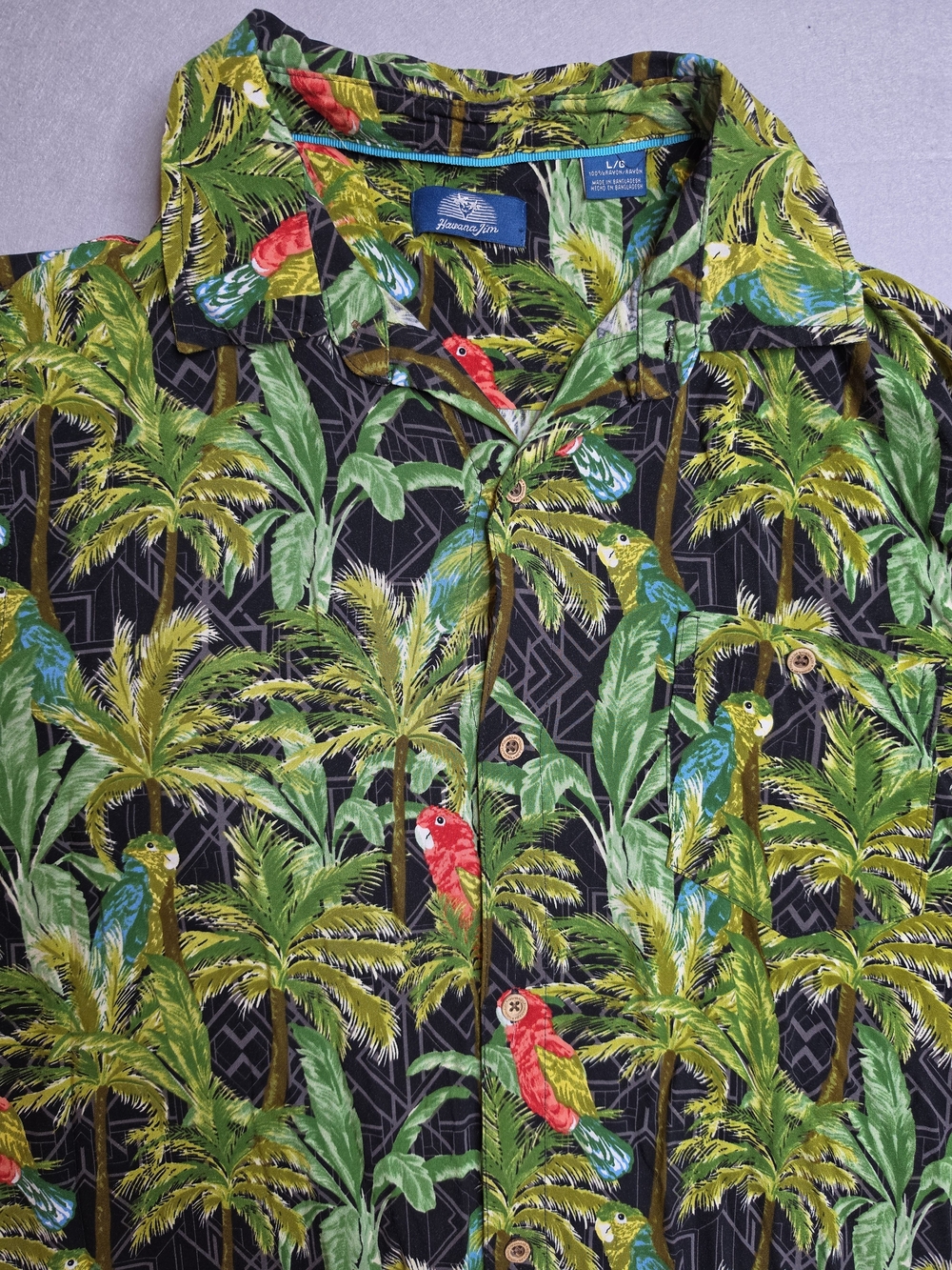 Havana Jim Men's Hawaiian Tropical Palm & Parrot Camp Shirt Large Button Down
